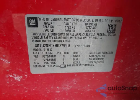 2017 GMC Sierra 1500 Slt from USA, damaged, VIN 3GTU2NECXHG379995